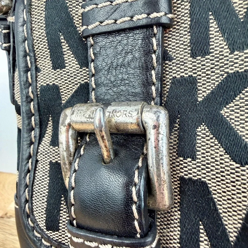 Michael Kors Monogram Canvas Leather Trim Shoulder Bag Tan Black MK Purse